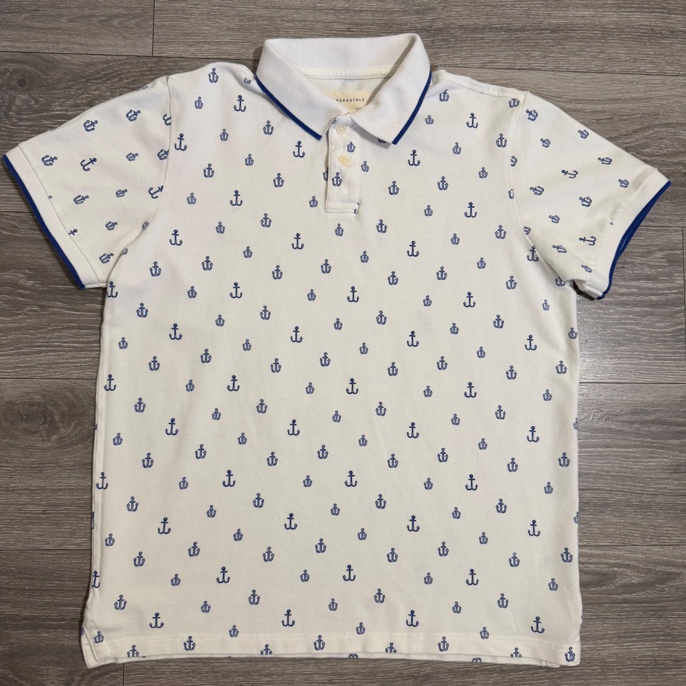 Aeropostale Mens Polo Shirt L White Blue Anchor Print Nautical 100% Cotton Pique
